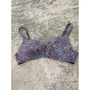 Cacique Lightly Lined Size 42C Push Up No Wire Bra Gray Floral Pink Bow